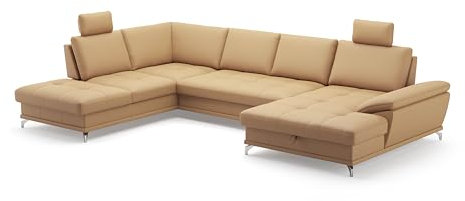 Cavadore Wohnlandschaft Castiel mit Federkern / Sofalandschaft mit großem Longchair, Sitztiefenverstellung, Kopfstützen und satinierten Metallfüßen / 363 x 89-104 x 223 / Echtleder, Beige