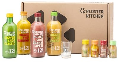 Kloster Kitchen Bio Ingwer Shot Probierset M I 4 Sorten 4x 360 ml + 4x 30 ml mit echten Ingwerstückchen I Geschenkset Ingwershot vegan I süß-scharf & mit natürlicher Süße (inkl. 1,00€ EINWEG Pfand)