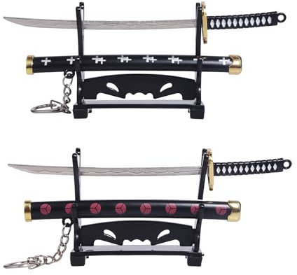 Gebiuhoo 2 Stück Katana schlüsselanhänger Anhänger für One Piece Fans 15CM Katana Dekoration mit Schwertscheide und 2 Messerhalter Zur Präsentation oder als Schlüsselanhänger