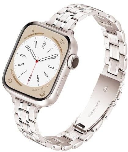 G-ficu Slim Metal Straps for Apple Watch Straps Women 38mm 40mm 41mm 42mm(Series 10), Stainless Steel iWatch Strap, Thin Band for Apple Watch Strap Series 10 9 8 7 6 5 4 3 SE, Starlight/Silver