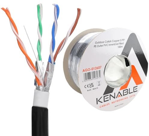 kenable Direct Burial External CAT6A S/FTP Outdoor Full 23AWG Pure Solid Copper Ethernet Network Cable Reel Gel Filled 100m for 10gig networking