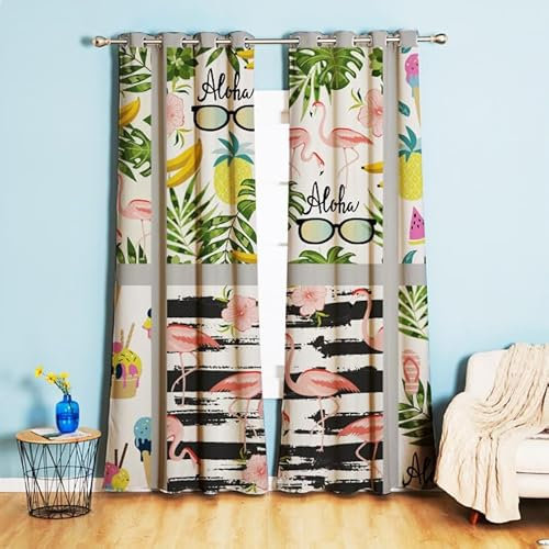 Vorhänge Flamingo Pink Blätter Gardinen Weich Verdunklungsvorhänge Thermovorhang Vorhang Blickdicht Gardinen mit ösen Vorhänge Wohnzimmer Schlafzimmer Waschbar Curtains(2x140x250cm)