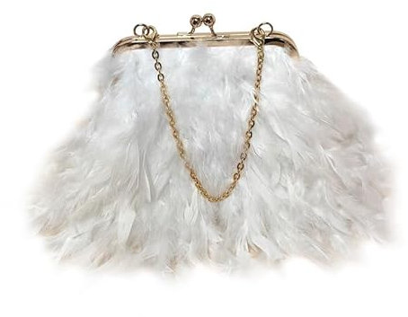 MOISTRI Feather Purse Balltaschen und Handtaschen mit abnehmbaren Ketten, Straußen-Umhängetasche und Clutch-Partytaschen Weiß