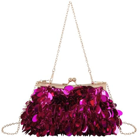 MilyaDE Pailletten Clutch Handtasche Damen Sparkly Geldbörse Abendtasche Glitzer Partytasche Hochzeit Schultertasche mit 2 Ketten, Magenta
