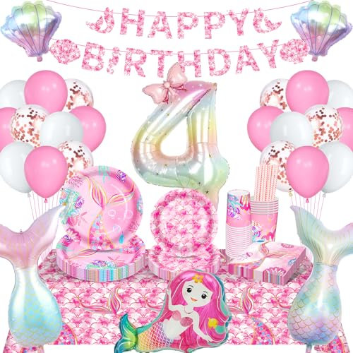 Meerjungfrau Geburtstagsdeko Mädchen 4 Jahre, 4 Jahre Meerjungfrauen Deko Kindergeburtstag, Partygeschirr Set mit Luftballons Tischdecken Tassen Servietten für Meerjungfrau Deko
