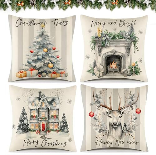 Gaeymy Kissenbezug 45x45, 4er Set Kissenbezug Weihnachten, Weihnachtskissen Weihnachtskissenbezug aus Leinen, Kissenhüllen Grau, Weihnachtsdeko Kissen für Sofa Wohnzimmer Schlafzimmer