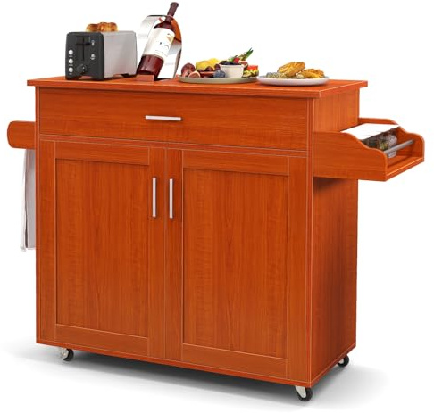 RELAX4LIFE Carrello da Cucina con Ruote di Gomma Silenziosi, Piano per Microonde, Porta-Asciugamani, Portaspezie, Casetto, Armadietto a 2 Ante (Legno di Ciliegio, 116x40x85cm)