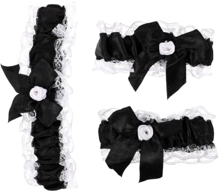 LALADEFIEE Strumpfband Set für Cosplay | Mit Kragen & Armband, Spitze, Bogen-Design, ideal für Party, Hochzeit, Nachtabnutzung und Rollenspiel, Maid Cosplay Zubehör
