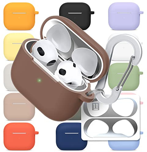superdivision Silicone Case Cover Compatible with Apple AirPods 4 (2024), 3-in-1 Accessory Kit with Anti-Dust Metal Guard Film and Carabiner Keyring, Shockproof Protective Skin (Chestnut)