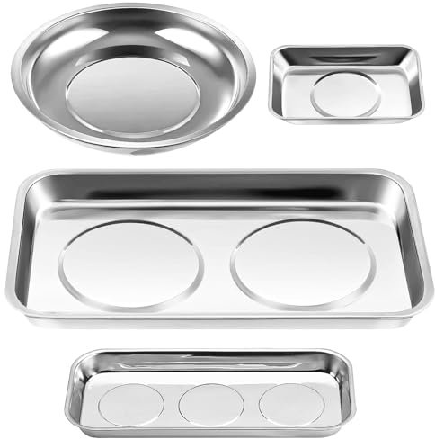4 Pezzi Officina Vassoio Magnetico Kit, Vassoi in Acciaio Inossidabile Includono Vassoi per Utensili Rotondi e Rettangolari, per Attrezzi, Viti, Punte e Chiodi (4)