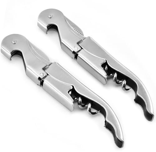 Tire-Bouchon Sommelier/Limonadier Professionnel 2-en-1 en Acier Inoxydable – Ouvre-Bouteille avec Coupe-Capsule, Lot de 2, Finition Argentée