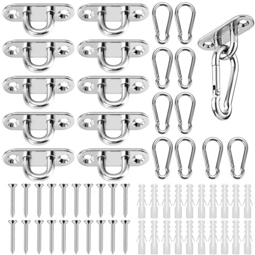 Yuragim 10 Stück Edelstahl Karabiner und Augplatte mit Öse und Karabinerhaken, Edelstahl Decksplatte für Boots- & Outdoor Zubehör Sonnensegel Wand-Befestigung Decken-Befestigung Hängematten Wand-Haken