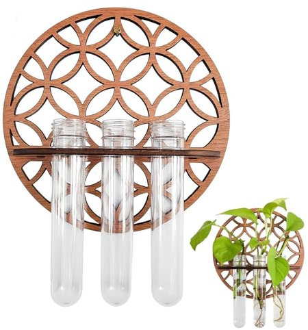 Wandvase, Wandvasen mit Holzstände Hängende Reagenzglas Vase Pflanzenhalter Wand Pflanzenwand Reagenzgläser für Hause Büro Wohnzimmer Küche, 3 Rohr