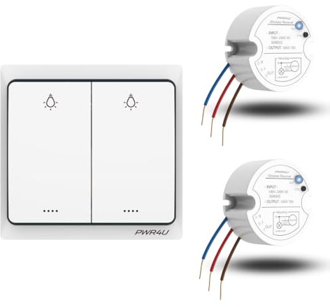 PWR4U kabelloser Serien lichtschalter mit 2 Funkeinheiten – Doppel-Wandschalter ohne Batterie dank kinetischer Energie – bis 200 m Reichweite – inkl. Montagematerial