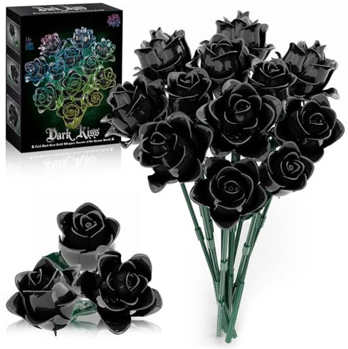 Mavo brix Set da costruzione per bouquet di rose nere, fiori artificiali, collezione botanica per adulti, decorazione gotica per la casa e regalo di anniversario per donne e ragazze, 585 pezzi