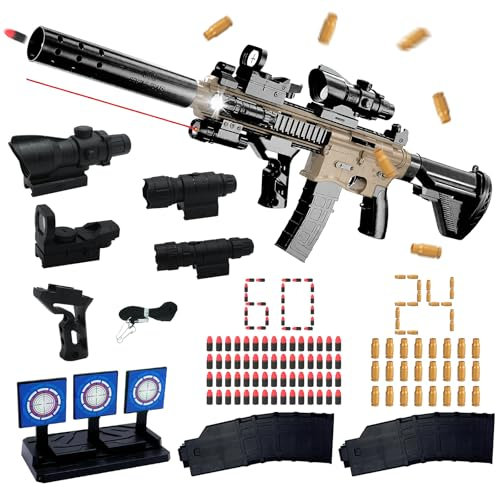 Pistola de Juguete M416, Pistola de Juguete para Niños, con 60 Balas Gomaespuma, 24 Casquillo de Balas Juguete, Empuñadura, Infrarrojos, Mira, Linterna, 2 Cargadores y 3 Miras, para Mayores de 10 Años