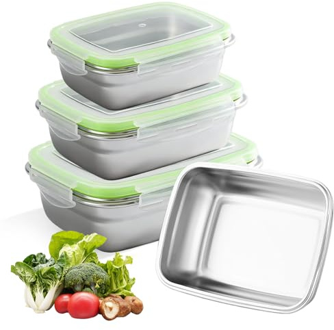 PORFOYO Juego de 3 recipientes herméticos, recipientes herméticos de acero inoxidable 304, fiambrera de acero inoxidable, recipientes de almacenamiento herméticos con tapa para cocina, escuela
