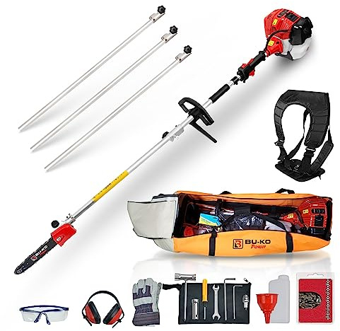 BU-KO 52cc Long Reach Petrol Pruner Saw and 3X 75cm Extension Pole with Toolbag for Convenient Storage, Ultimate Garden Tool for Tree Trimming, Branch Pruning, and Precision Cutting