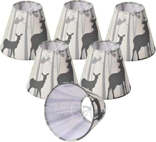 6er Set Clip Lampenschirme klein in Empire-Form aus Stoff (8×15×13 cm) für E14 Kerzenlampen, mit Hirsch & Reh Wald Motiv, geeignet für Kronleuchter, Wandleuchten & Tischlampen