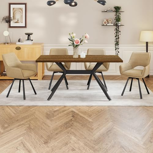 WAFTING Esstisch mit 4 stühlen,Essgruppe,Dunkler Platte,Polsterstuhl Kaki | Esstisch Holz 140x80x76,Esszimmerstuhl Drehbar 360°mit Armlehne,Tischset Für Küche, Wohnzimmer, Esszimmer