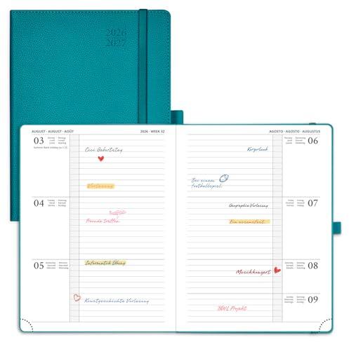 POPRUN Kalender 2026 2027 Horizontale Wochenplaner ca.A5(21,8 x 16,4cm) | 17-Monate-Terminplaner,(Aug.2026-Dez.2027),Stabilem Hardcover mit PU-Leder,Wochenplaner 1 Woche 2 Seite(Pazifikgrün)