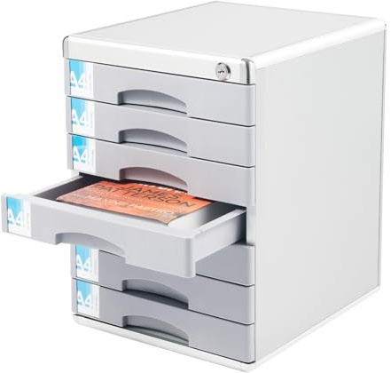 TONFEION Aluminium Schubladenbox 7 Fächer Schreibtisch File Organizer, DIN A4 Schubladenschrank mit Etiketten und Schloss, Metall Drawer Box Dokumenten Aufbewahrungsbox Ablagebox, 30x36x40.5cm