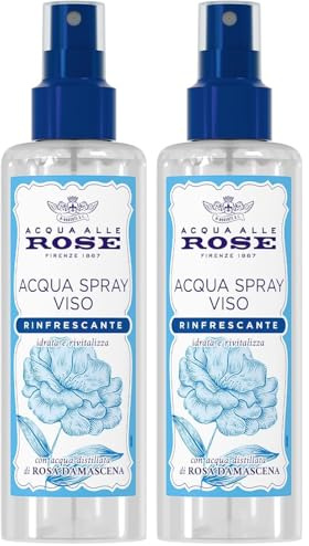 Acqua alle Rose, Spray Viso Rinfrescante, con Acqua Distillata di Rosa Damascena, 200 ml (Confezione da 2)
