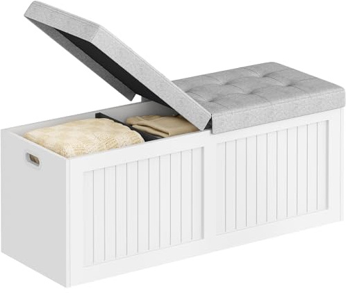 Hzuaneri Coffre de Rangement, 109cm, Coussin en Lin, Blanc-Gris