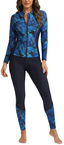 Ausing Damen Badeanzug Zweiteiliger Langarm Schwimmanzug Rash Guard Sonnenschutz mit Reißverschluss Surfen Strand S-2XL
