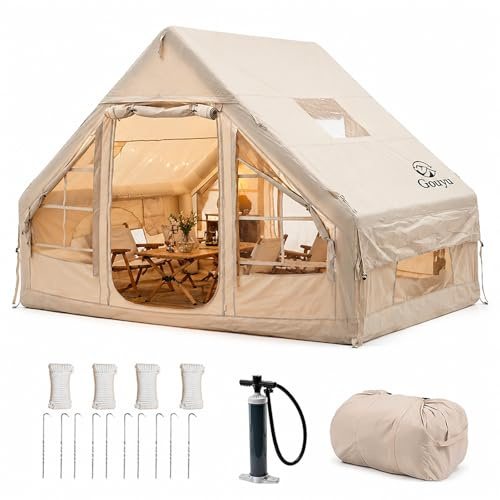 Gouyu 4-6 Person Inflatable Camping Tent, Panoramic PVC Skylight & Privacy Cover, 420D Oxford Waterproof UPF30+, PVC Air Beams, Mesh Ventilation, 5-Min Quick Setup Blow Up Tent for Family