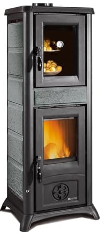 La Nordica Gemma Forno 165 - Stufa a legna da 6 kW, in ghisa smaltata bordeaux, con vano forno, diametro 120 mm, stufa a fuoco permanente per legna da ardere, compatto, design classico (pietra