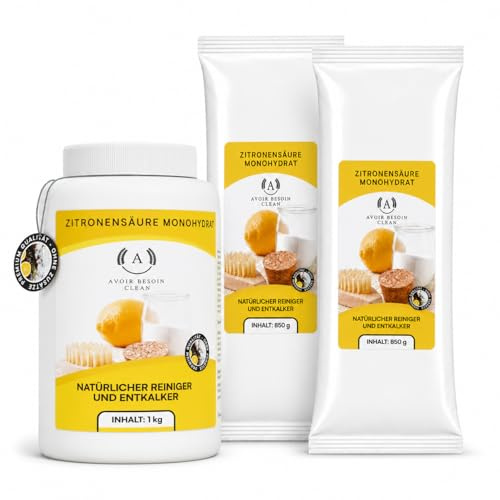 Poudre d'acide citrique 1 kg + 2 recharges de 850 g de monohydrate | Détartrant naturel | Poudre de nettoyage écologique pour le nettoyage E330 pure