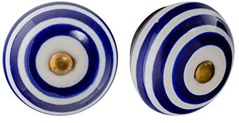 Nicola Spring Ceramic Cupboard Drawer Handle Knobs - Stripe Design - Dark Blue - Pack of 6