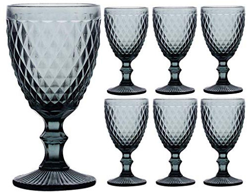 Set of 6 Grey/Black 360ml Tinted Embossed Wine Glass Goblets Alfresco Dining Glassware (DK48)