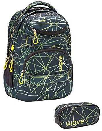 Wave Infinity Grün Schulrucksack Set 2 - teilig mit Laptopfach Tabletfach / 43 x 31 x 22 cm / 30 Liter/Unisex Jungen Mädchen/Rucksack Daypack Gün Schwarz (338-72/A Set1 Stripes Green)
