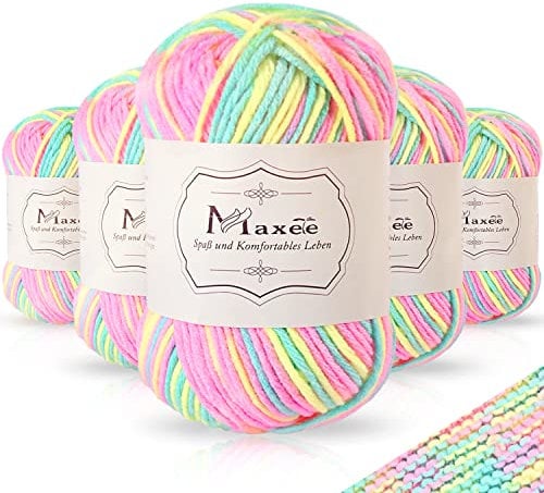 Maxee Handstrickgarn, 5x50 g Häkelgarn, Bunt Farbverlauf Acrylgarn zum Stricken, Weicher Wolle zum Häkeln, Mehrfarbiges Garn zum Stricken Häkeln und Basteln