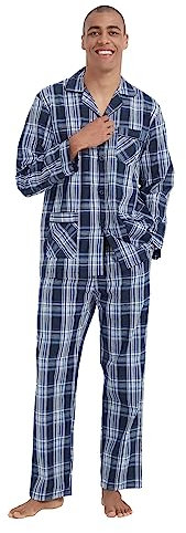 kolipajam Ensemble pyjama en coton pour homme 2 pièces Plaid Plaid Confortable Vêtements de nuit PJS avec poches, Bleu clair à carreaux, L