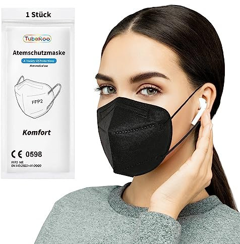 TubeRoo FFP2 Maske Schwarz 1 Stück Masken, Versand aus Deutschland, weiche runde Ohrschlaufen Bänder, Atemschutzmaske, Mundschutz, Staubmaske, Feinstaub, Feinstaubmaske, Staubschutzmaske