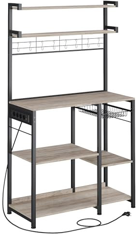 VASAGLE Küchenregal, Standregal mit Steckdosen, Kaffeebar, Bäckerregal, 8 S-Haken, mit Korb, Gewürzregal, 40 x 90 x 165,5 cm, greige meliert-tintenschwarz KKS031K12