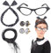 Qooloo 9 Stück Accessoires 50er, Rockabilly Kleider Damen,Karneval Kostüm Damen,Inklusive Polka Dots Bandana Haarband Ohrringe Halskette Handschuhe Katzenaugen Brille, Schwarz