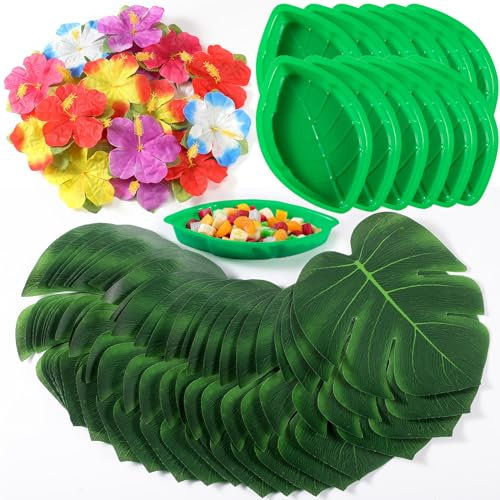 Aoriher 72 Pezzi Set di Decorazioni per Feste Tropicali Riutilizzabili Vassoio per Snack in Foglia di Palma Vassoio per Alimenti in Stile Hawaii con Fiore di Ibisco Piatto da Portata Tropicale
