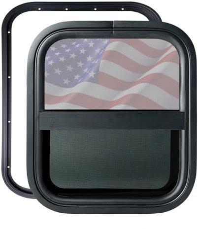 AlloTemlass Finestra verticale RV 35,6 cm L x 40,6 cm H, Finestra di ricambio per camper, Finestra scorrevole a goccia con schermo a rete e anelli di finitura, Finestre camper per rimorchio carico