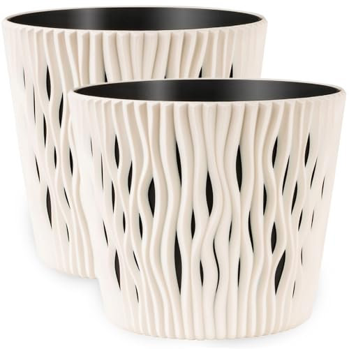 PECZEKO Macetas mate – Macetas decorativas para flores y hierbas, duraderas y ligeras, redondas, de plástico, para salón y comedor, cocina, terraza, balcón, juego de 2 – (Ecri, diámetro de 16 cm)