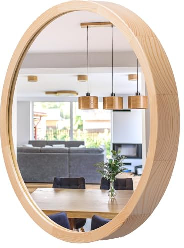 STOLARNIA PIKA Wandspiegel mit Holzrahmen (∅37 cm) - Spiegel Rund Holz Naturkiefer - Kleine Runder Bad Spiegel für Badezimmer, Flur, Wohnzimmer, Schlafzimmer - Stilvoller 40 cm Badspiegel LEJA