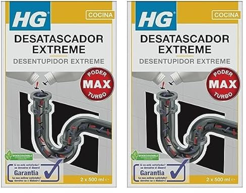 HG Desatascador Extreme, Potente Desatascador de Desagües y Cañerías, Desbloquea Fregaderos de Cocina y Baño, Elimina los Atascos y Tapones de Pelo en el Baño, Producto HG - 2 x 500 ml (Paquete de 2)