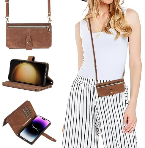 xinyunew Coque pour Samsung Galaxy Z Fold 6 avec Cordon,Etui Flip Portefeuille Étui en Cuir,[9 Porte Cartes],Réglable Collier Housse Etui Rabat Case pour Samsung Galaxy Z Fold 6- Brun