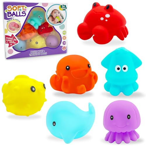 Yeefunjoy 6 Piezas Juguetes de Baño, Juguetes Bañera Animales Marinos Juguetes Piscina Sensorial Silicona Juguetes de Piscina Squeeze para Bañera Flotante en Agua Regalos para Niños Niñas 1 2 3 Años
