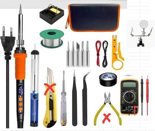 19 in 1 Electric Soldering Iron Kit, 90W LCD Temperature Adjustable 180-480°C Electric Welding Tool with 5 Welding Tips, Desoldering Pump, Soldering Wire, Wire Stripper Cutter, Stand, Tweezers