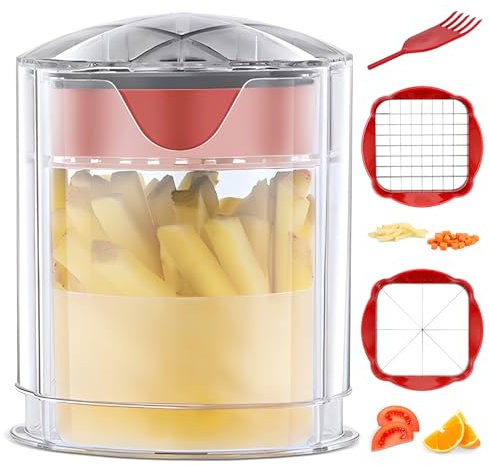 Mapille Coupe-Frites Manuel, Découpe Pommes de Terre, Oignons, Fruits et Légumes, 2 Lames, Compact avec Bac de Récupération et Brosse de Nettoyage