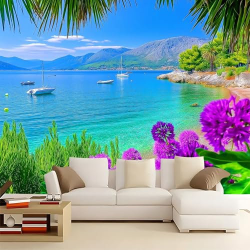 WHUOEUCO Papel Pintado 3D Paisaje De Flores Junto Al Mar 200x140 cm Fotomurales Tejido No Tejido Papel Tapiz Grande Murales Fotográfico Moderno Decoración de Paredes